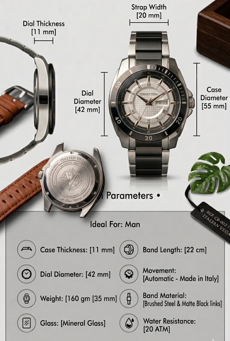 Italian Vega Monarch Day-Date Watch – Gunmetal Black Luxury Timepiece