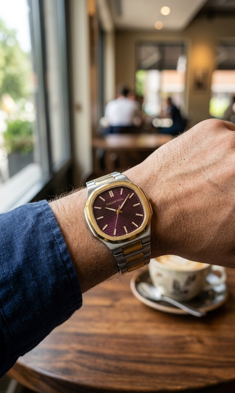 Italian Vega Verona Prestige Watch – Burgundy Dial Dual Tone Luxury Timepiece