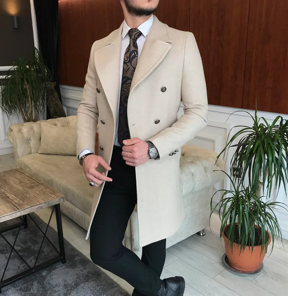 Frost Slim Fit Beige Double Breasted Wool Coat