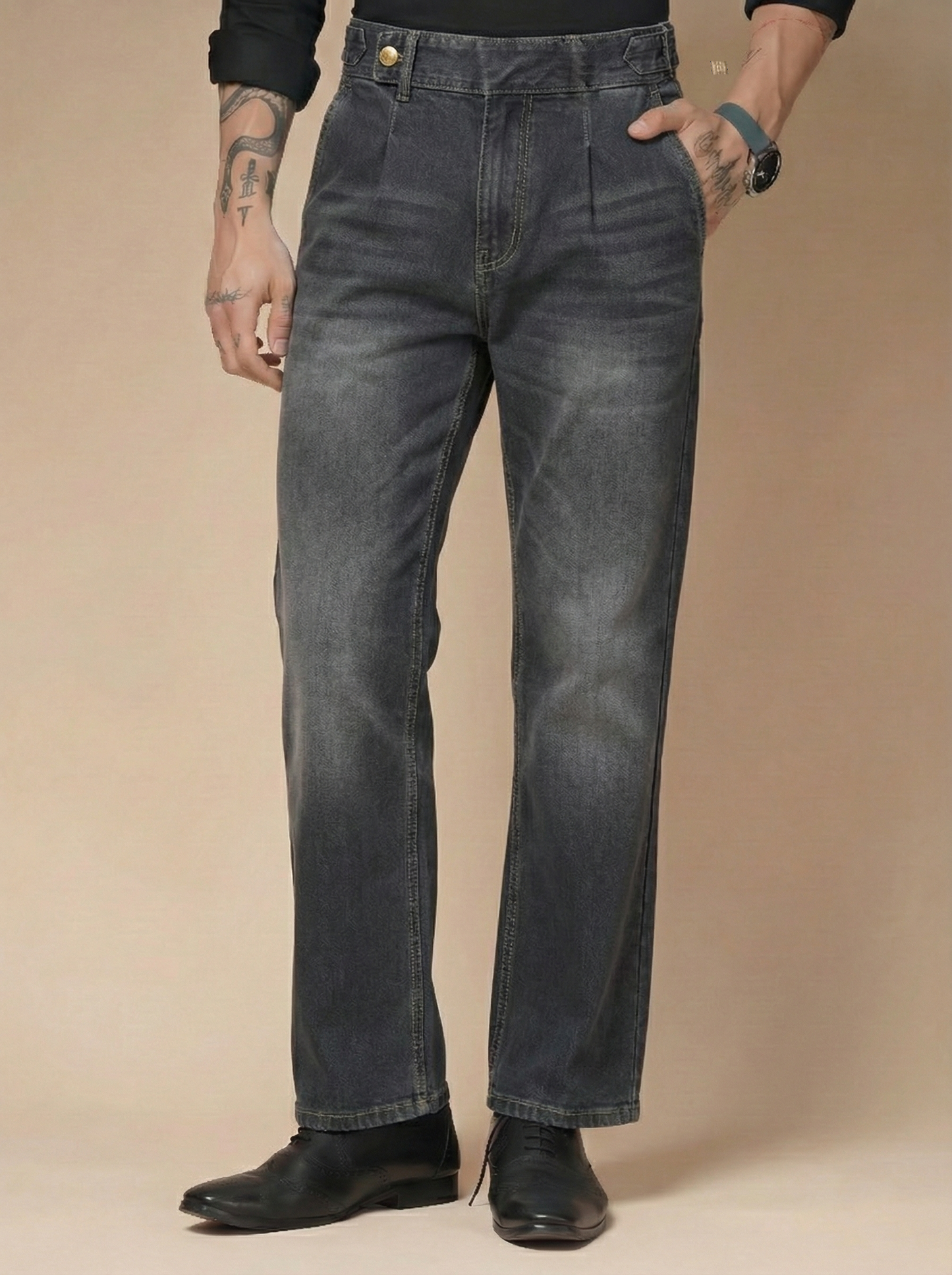 Anthracite Denim Oxford Gurkha Trouser Pants | Boot Cut Fit by Italian Vega®