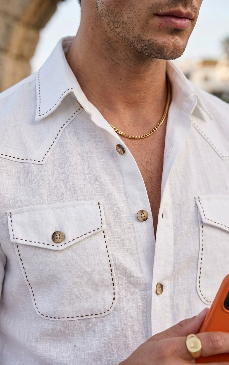 White Safari Shirt – Pick Stitched with Multi Pockets by Italian Vega® - 028