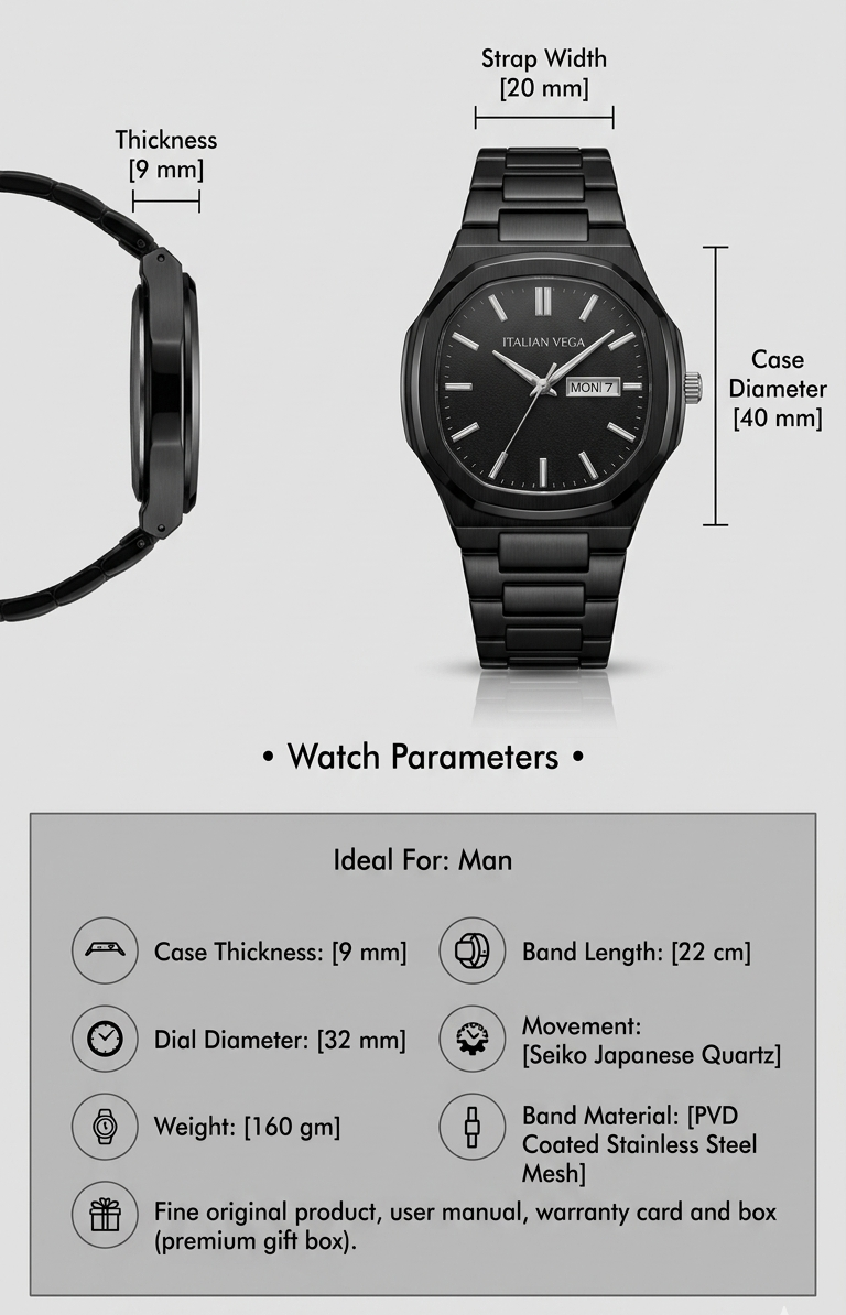Italian Vega Nero Classico 7 – All Black Premium Stainless Steel Watch