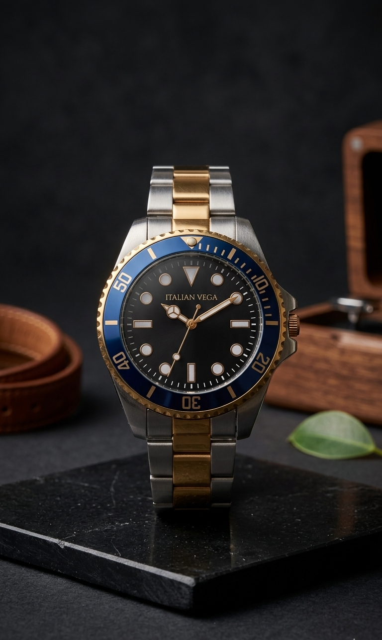 Italian Vega Riviera Diver Watch – Blue & Gold Stainless Steel Luxury Timepiece