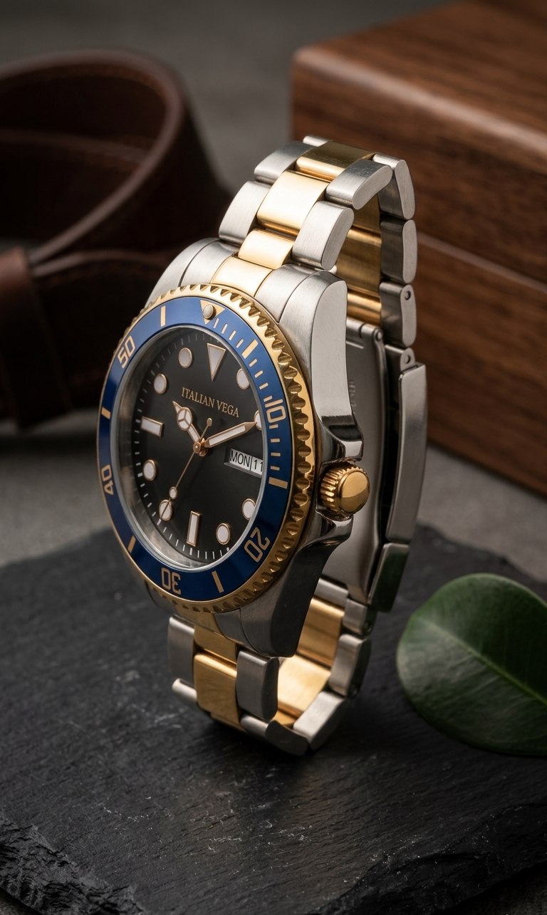 Italian Vega Riviera Diver Watch – Blue & Gold Stainless Steel Luxury Timepiece