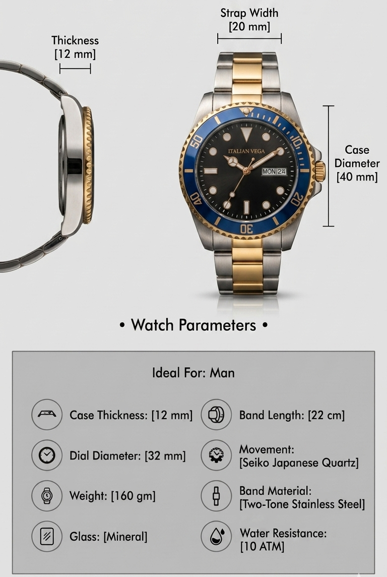 Italian Vega Riviera Diver Watch – Blue & Gold Stainless Steel Luxury Timepiece