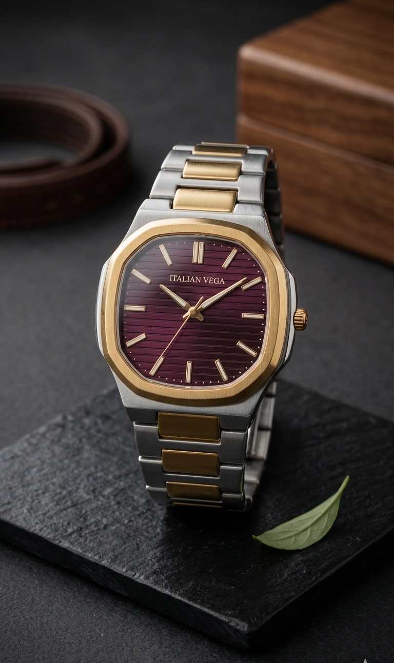 Italian Vega Verona Prestige Watch – Burgundy Dial Dual Tone Luxury Timepiece