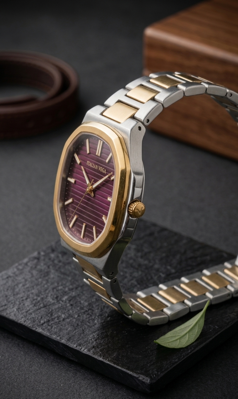 Italian Vega Verona Prestige Watch – Burgundy Dial Dual Tone Luxury Timepiece