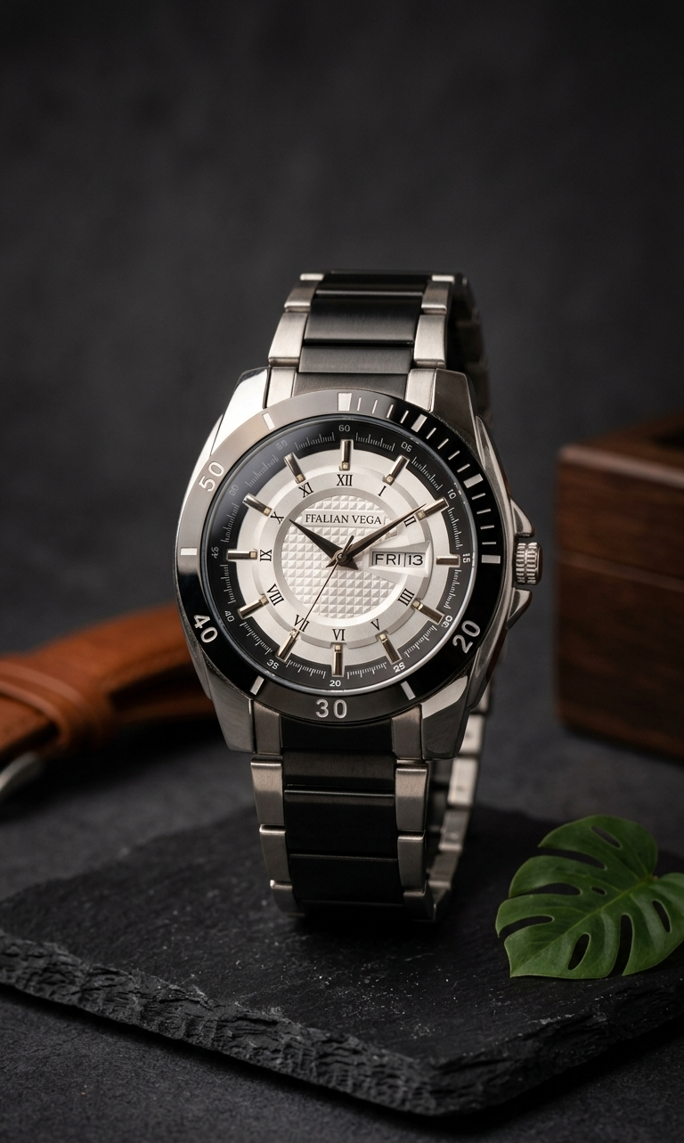 Italian Vega Monarch Day-Date Watch – Gunmetal Black Luxury Timepiece