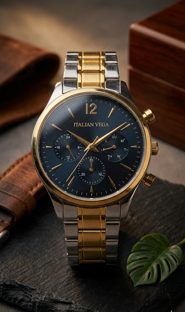 Italian Vega Royale Chronograph Watch – Blue Dial Dual Tone Luxury Timepiece