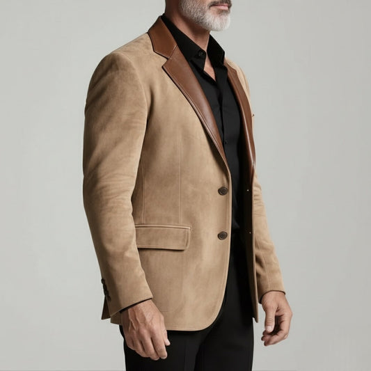 Luxury Beige Single Breasted Suede & PU Leather Blazer – Italian Vega®