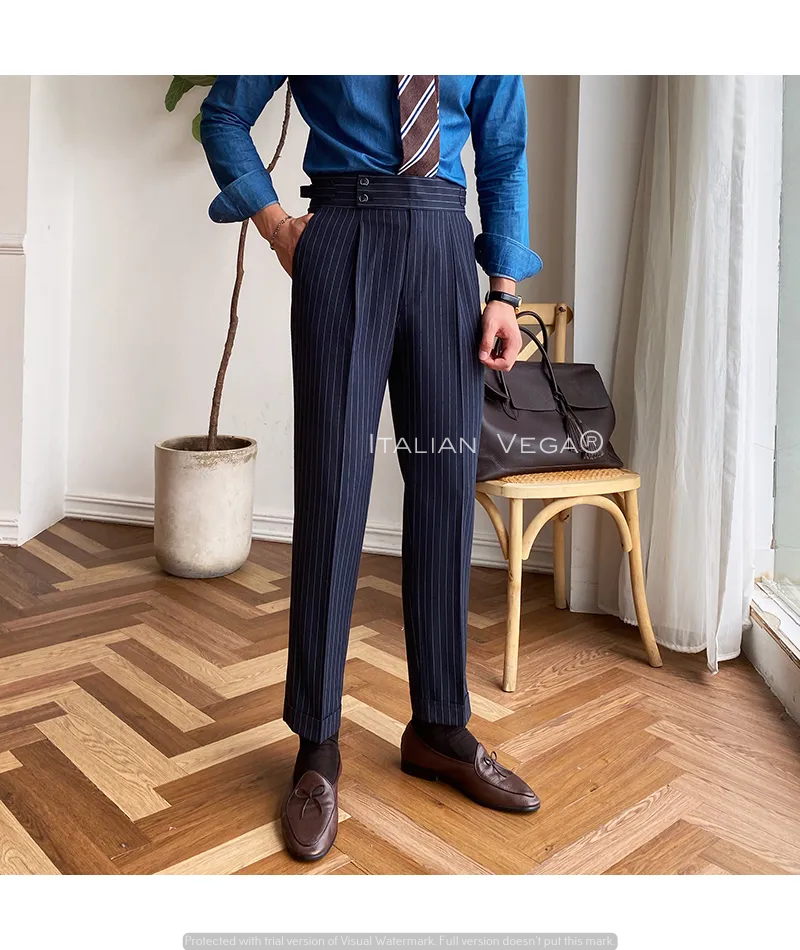 Navy Striped Buttoned Gurkha Pants | Italian Vega® Limited Edition