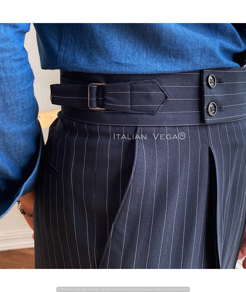 Navy Striped Buttoned Gurkha Pants | Italian Vega® Limited Edition