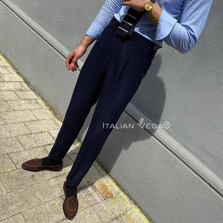 Navy Blue Italian Elegant Gurkha Trousers by Italian Vega®