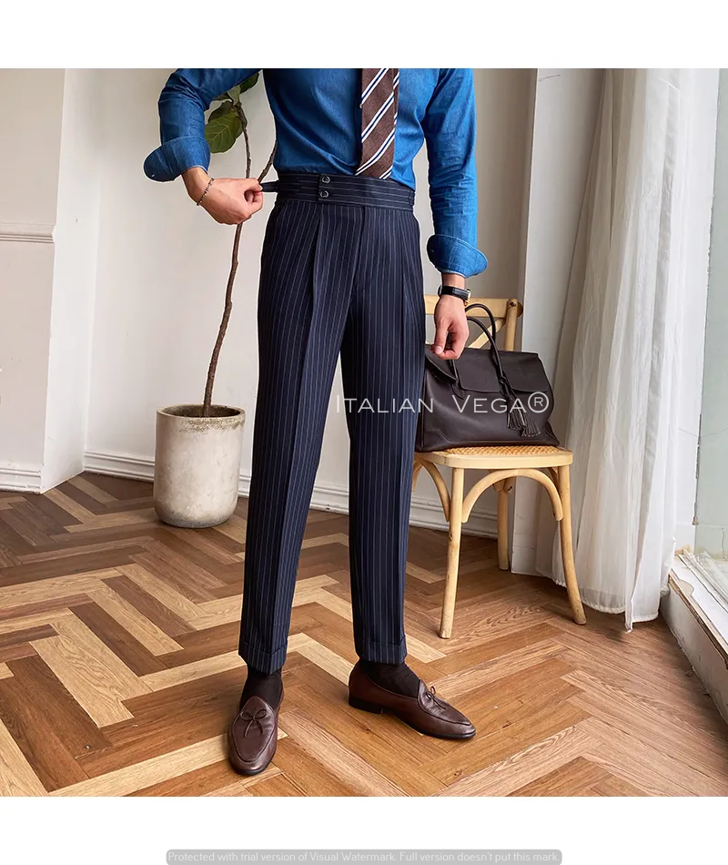 Navy Striped Buttoned Gurkha Pants | Italian Vega® Limited Edition