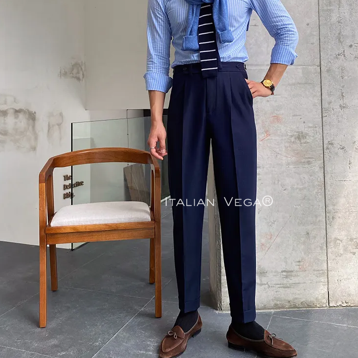 Navy Blue Italian Elegant Gurkha Trousers by Italian Vega®