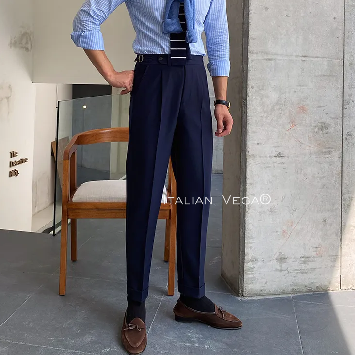 Navy Blue Italian Elegant Gurkha Trousers by Italian Vega®