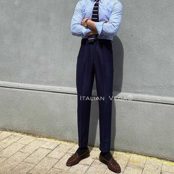 Navy Blue Italian Elegant Gurkha Trousers by Italian Vega®