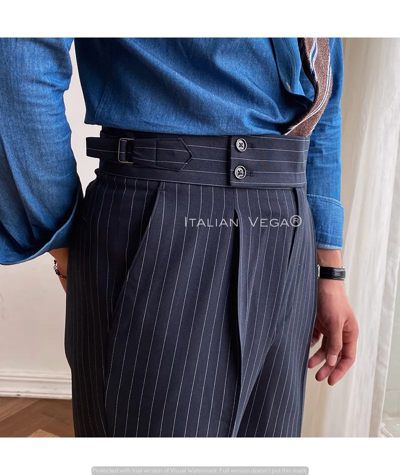 Navy Striped Buttoned Gurkha Pants | Italian Vega® Limited Edition