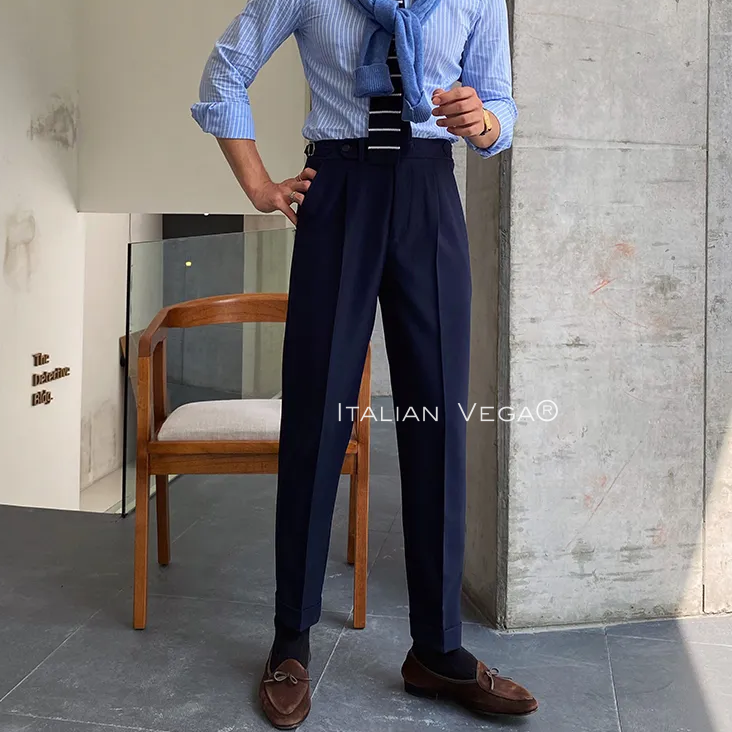 Navy Blue Italian Elegant Gurkha Trousers by Italian Vega®