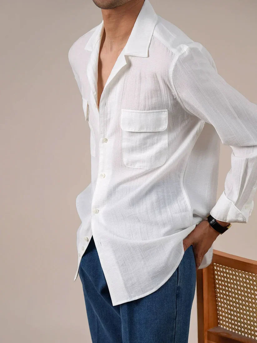 Italian Vega Crumple Linen Cuban Collar Dual Pocket Shirt