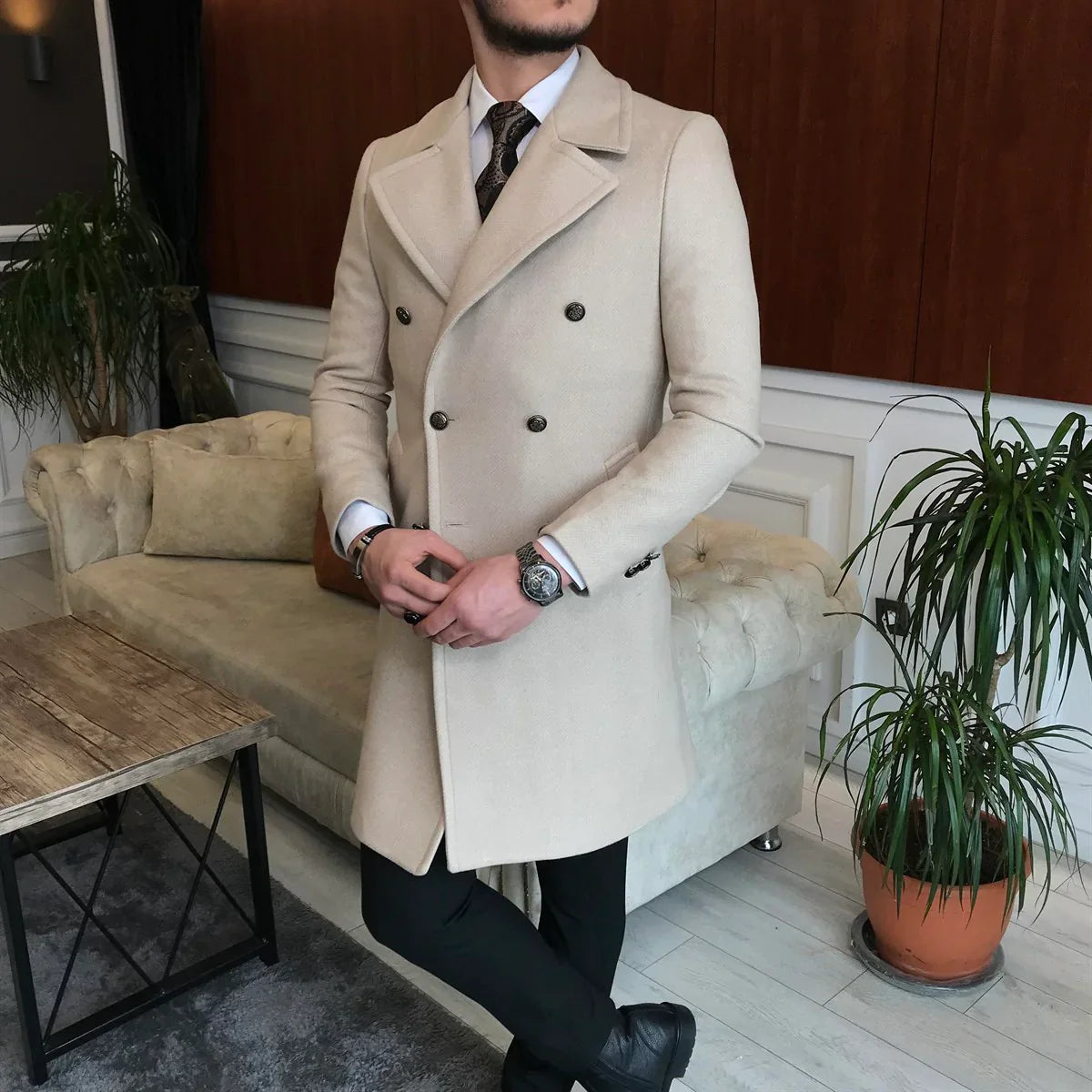 Frost Slim Fit Beige Double Breasted Wool Coat