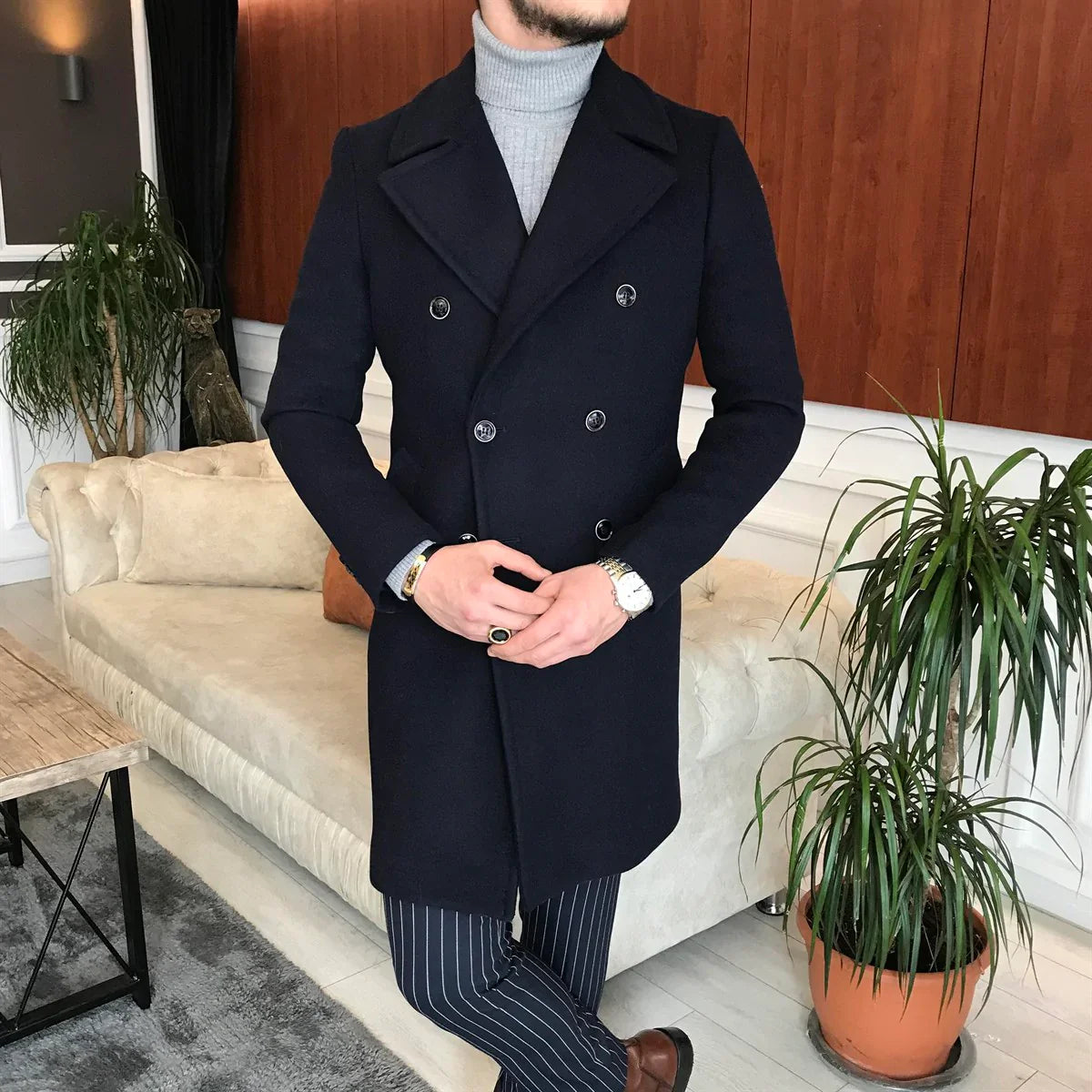 Frost Slim Fit Dark Blue Double Breasted Wool Coat