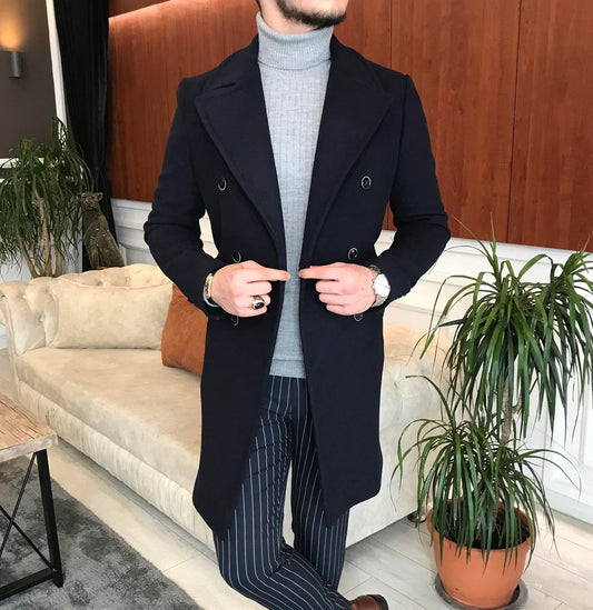 Frost Slim Fit Dark Blue Double Breasted Wool Coat