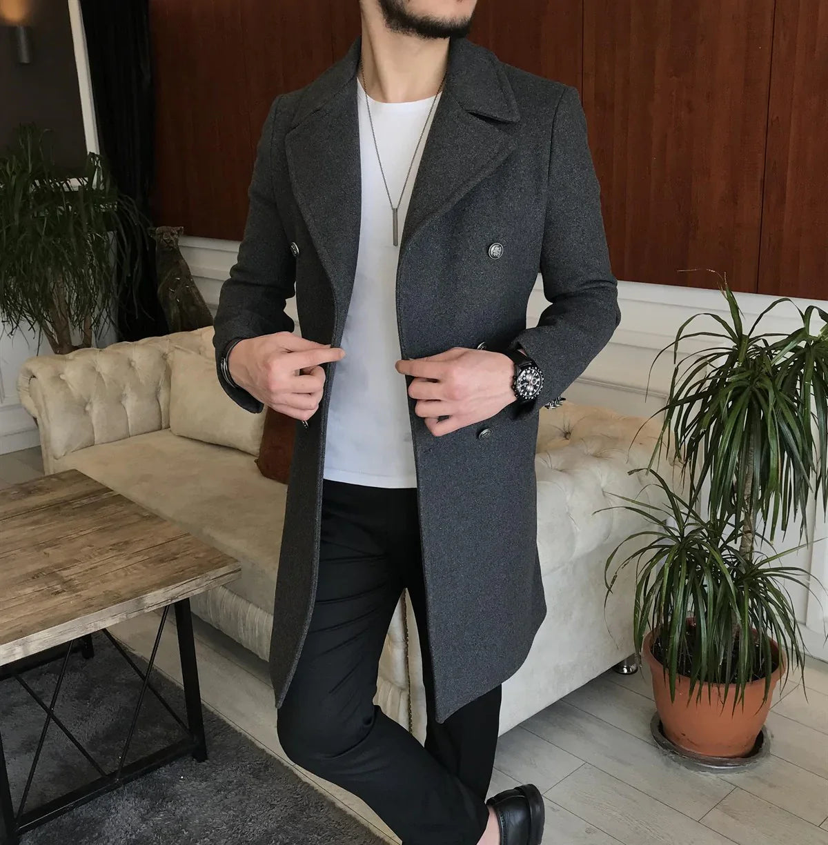 Frost Slim Fit Dark Grey Double Breasted Wool Coat