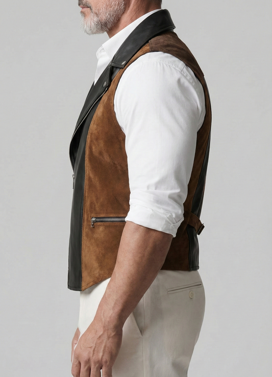 Man wearing a brown leather vest over a white shirt on a gray background