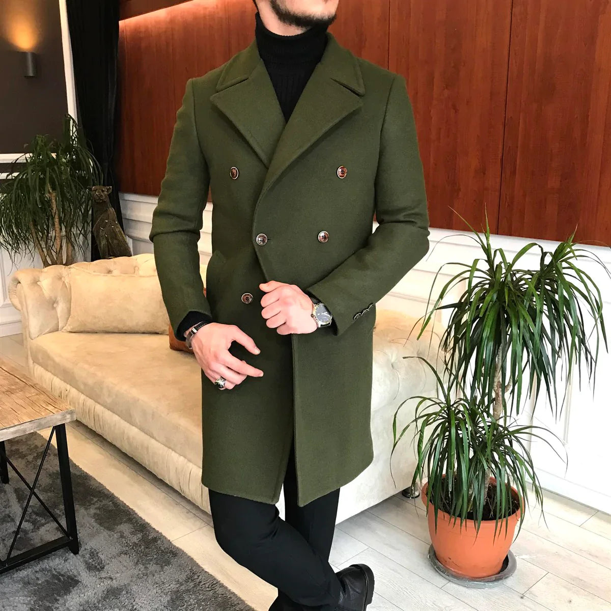 Frost Slim Fit Green Double Breasted Wool Coat