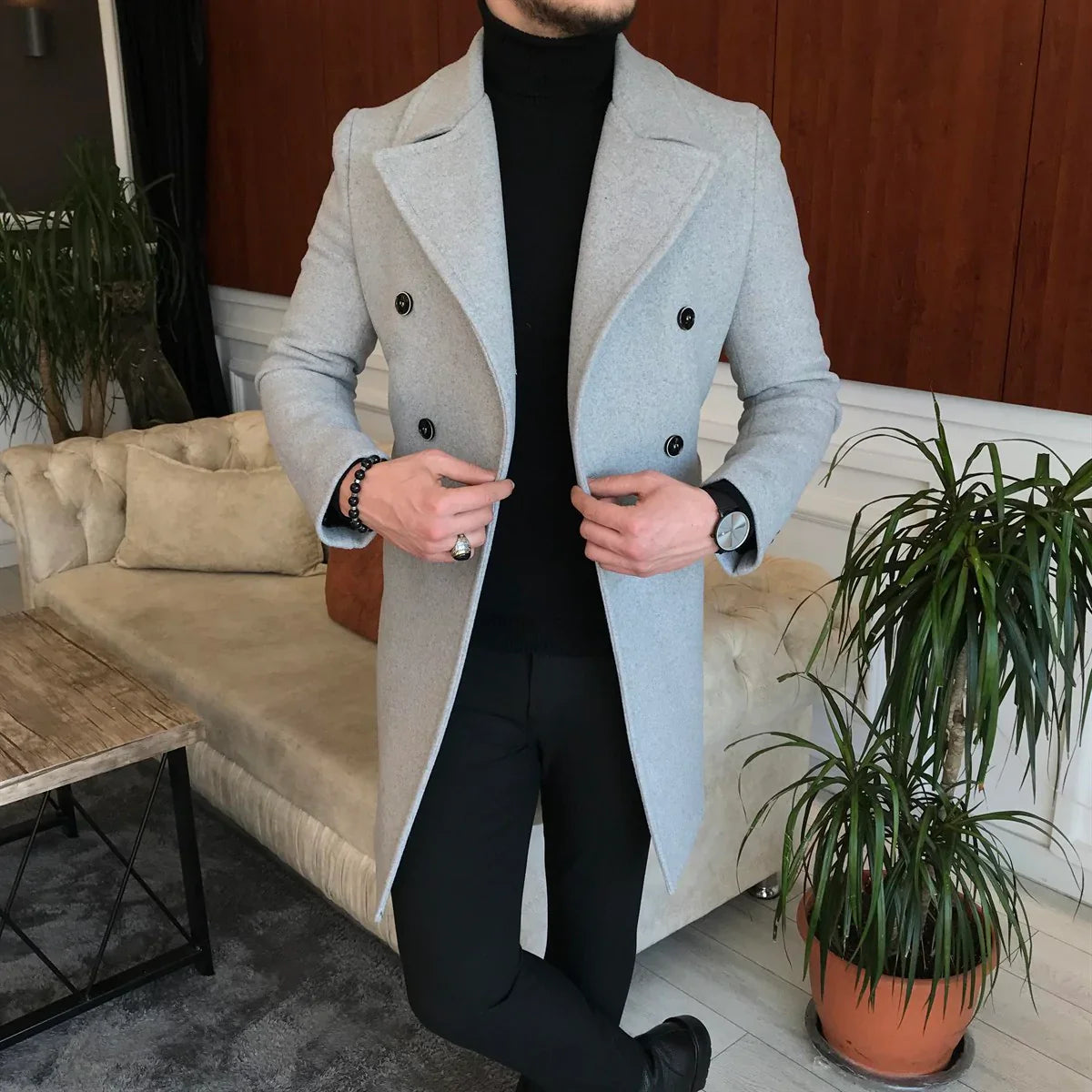 Frost Slim Fit Light Grey Double Breasted Wool Coat