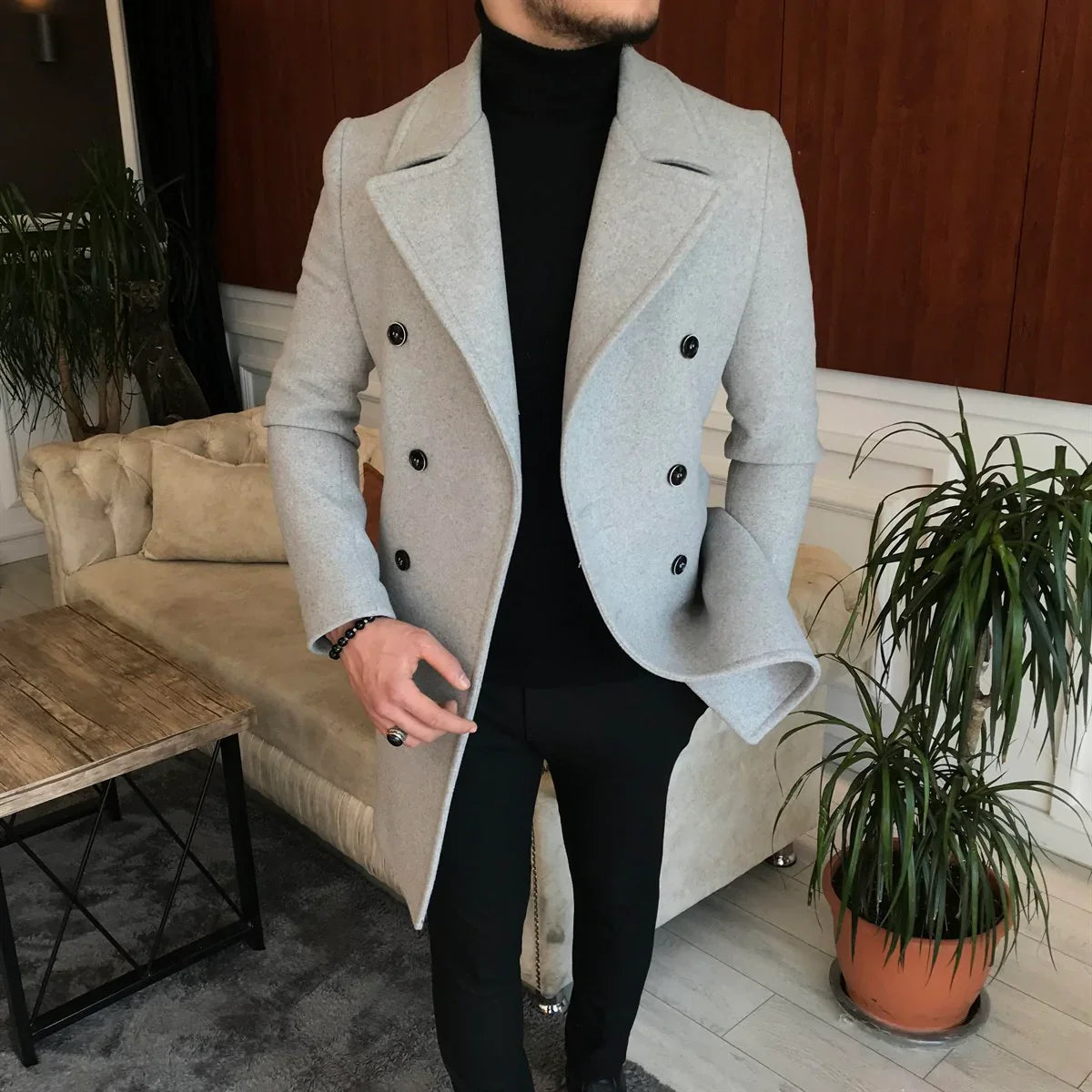 Frost Slim Fit Light Grey Double Breasted Wool Coat