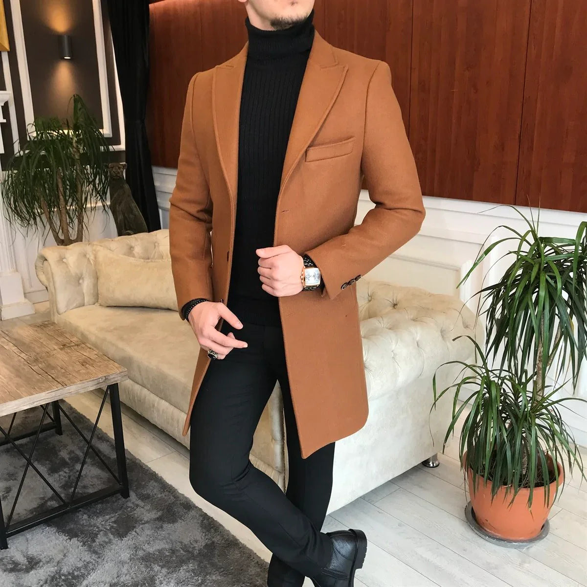 Mens tan wool coat on sale