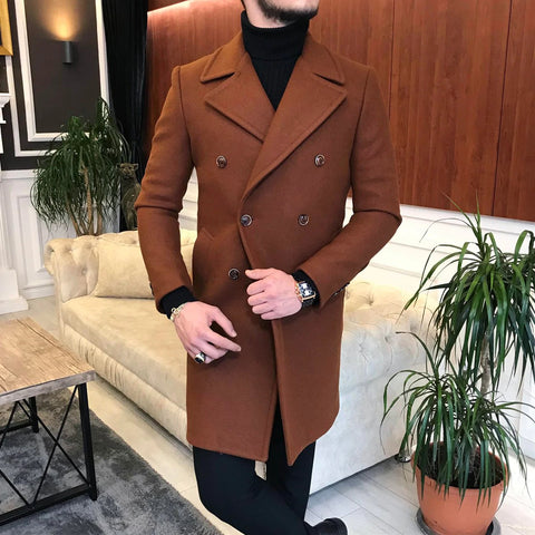 Frost Slim Fit Brown Double Breasted Wool Coat